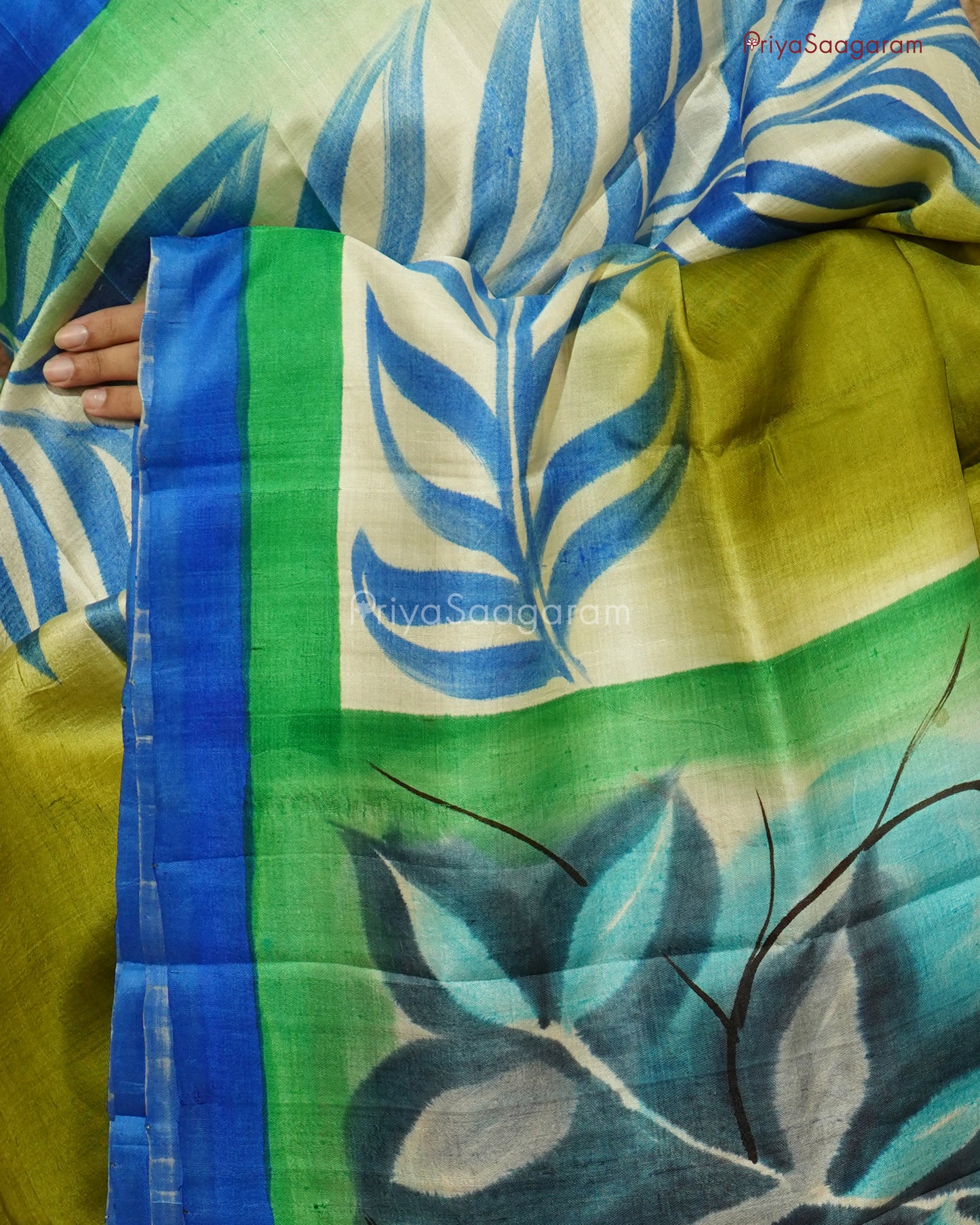Blue Green Leaf Painted Murshidabad Tussar - PD596