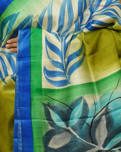 Blue Green Leaf Painted Murshidabad Tussar - PD596