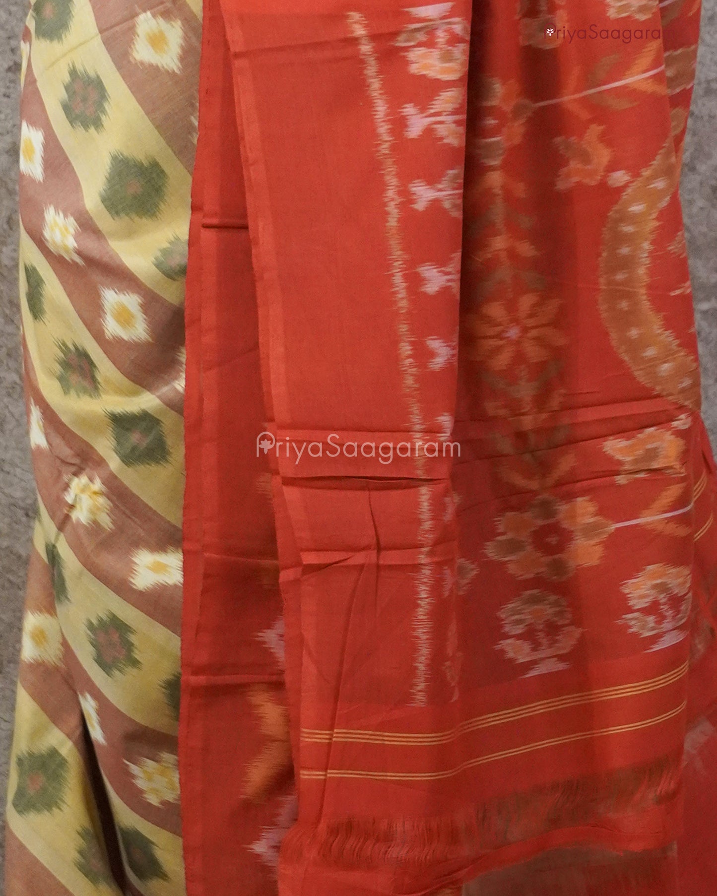 Mustard Red Ikkat Cotton - PC1008