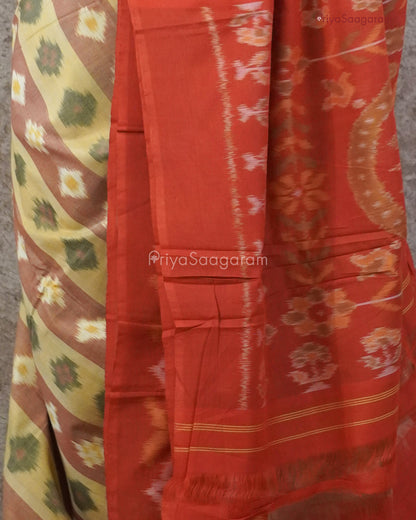 Mustard Red Ikkat Cotton - PC1008