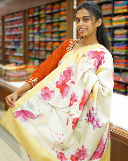 Light Yellow Floral Tussar - PD816