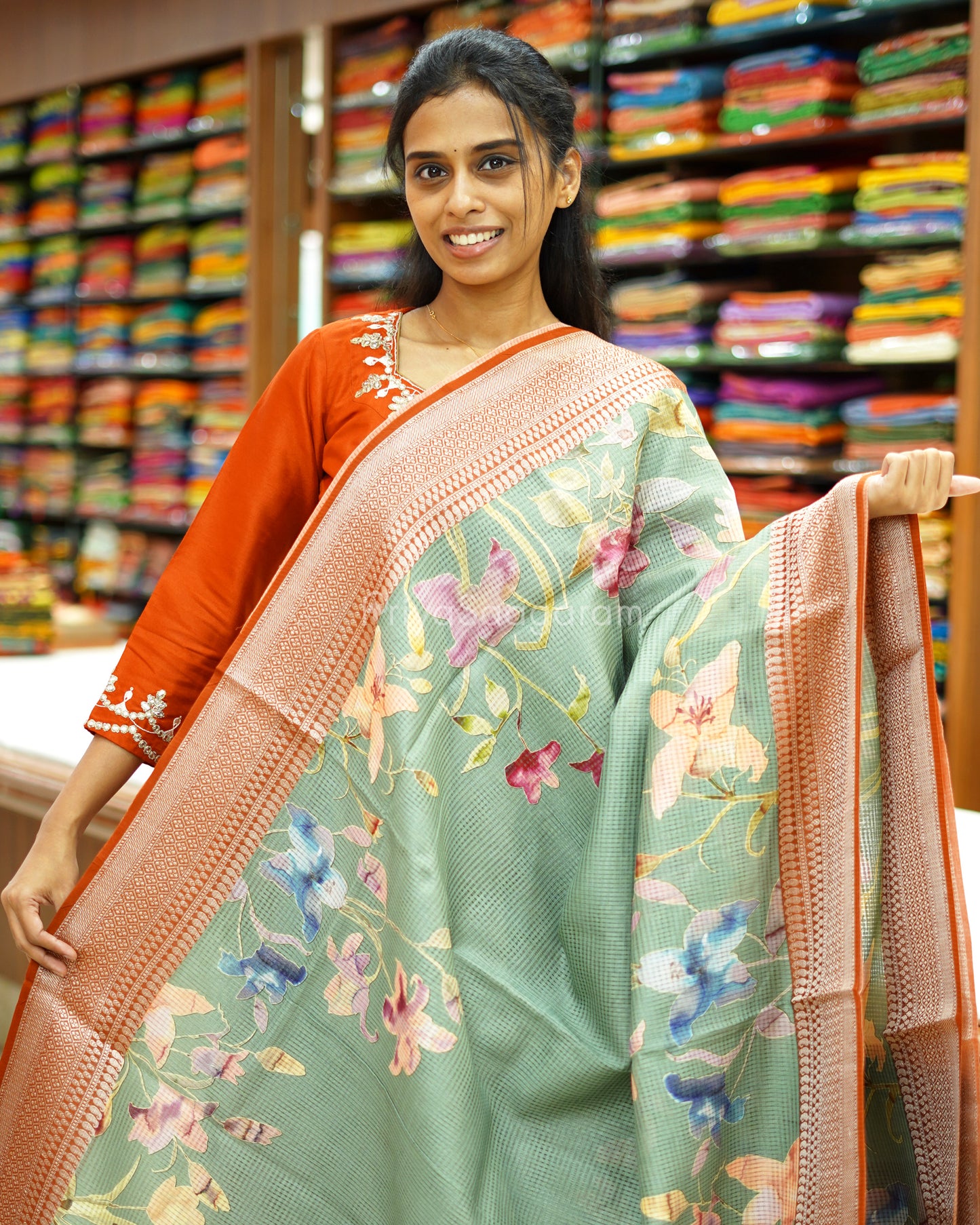 Fern Green Floral Supernet Silk Cotton - PD881
