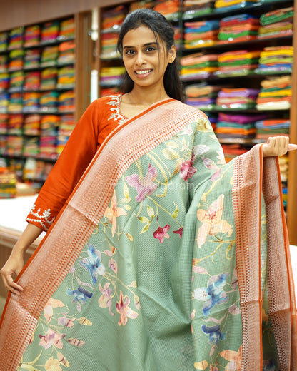 Fern Green Floral Supernet Silk Cotton - PD881