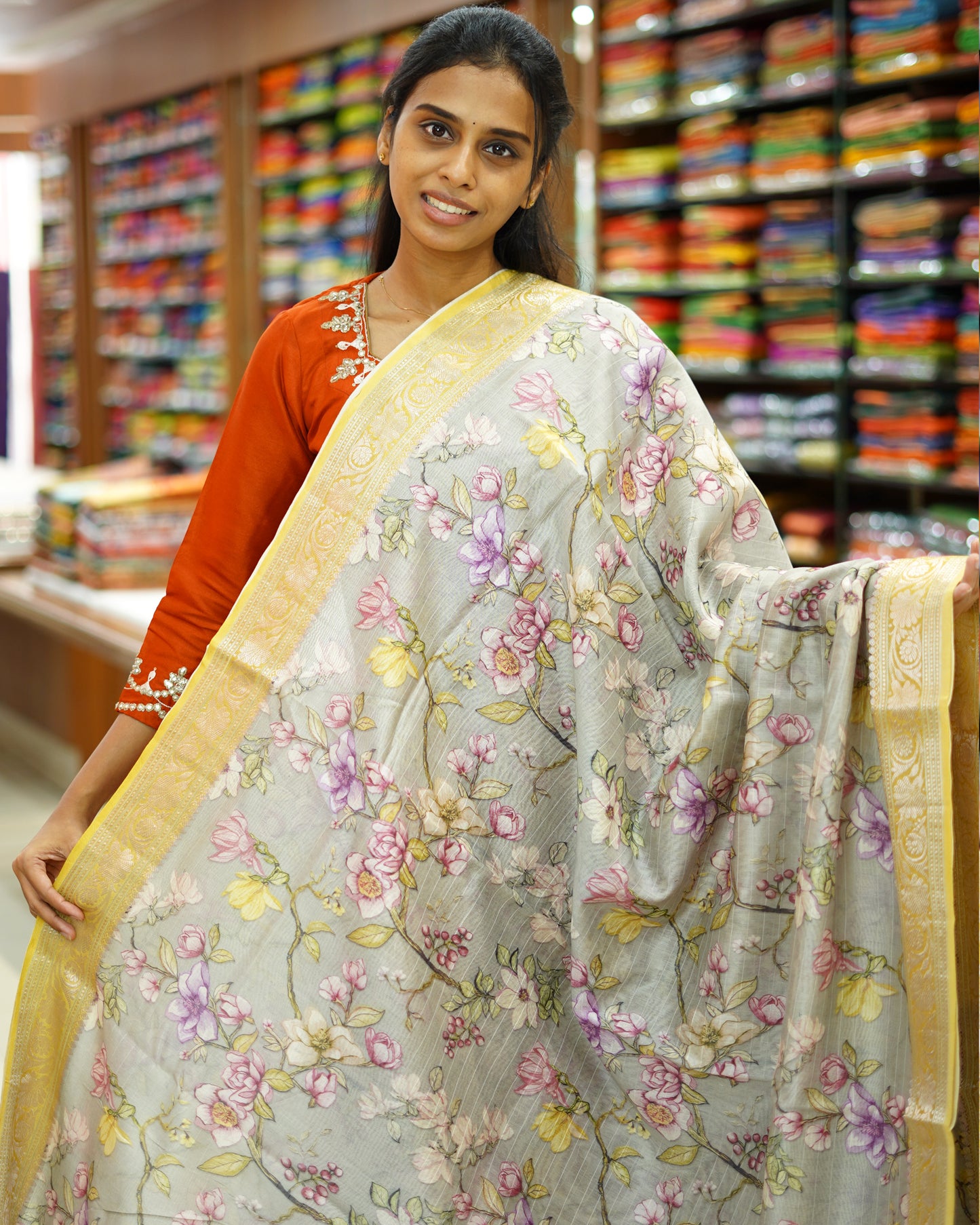 Chrome Grey Floral Silk Cotton - PD867