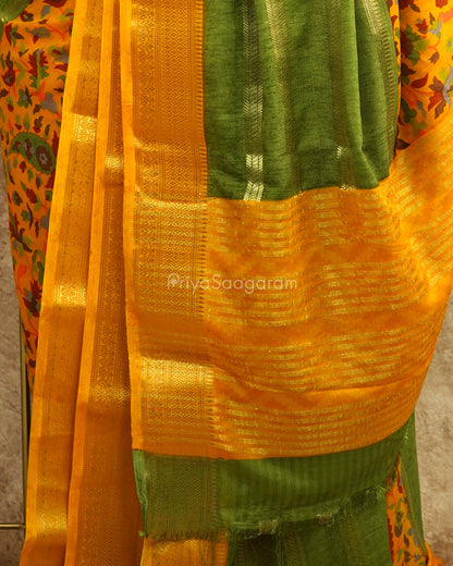 Green Yellow Floral Crepe Silk - PD1864