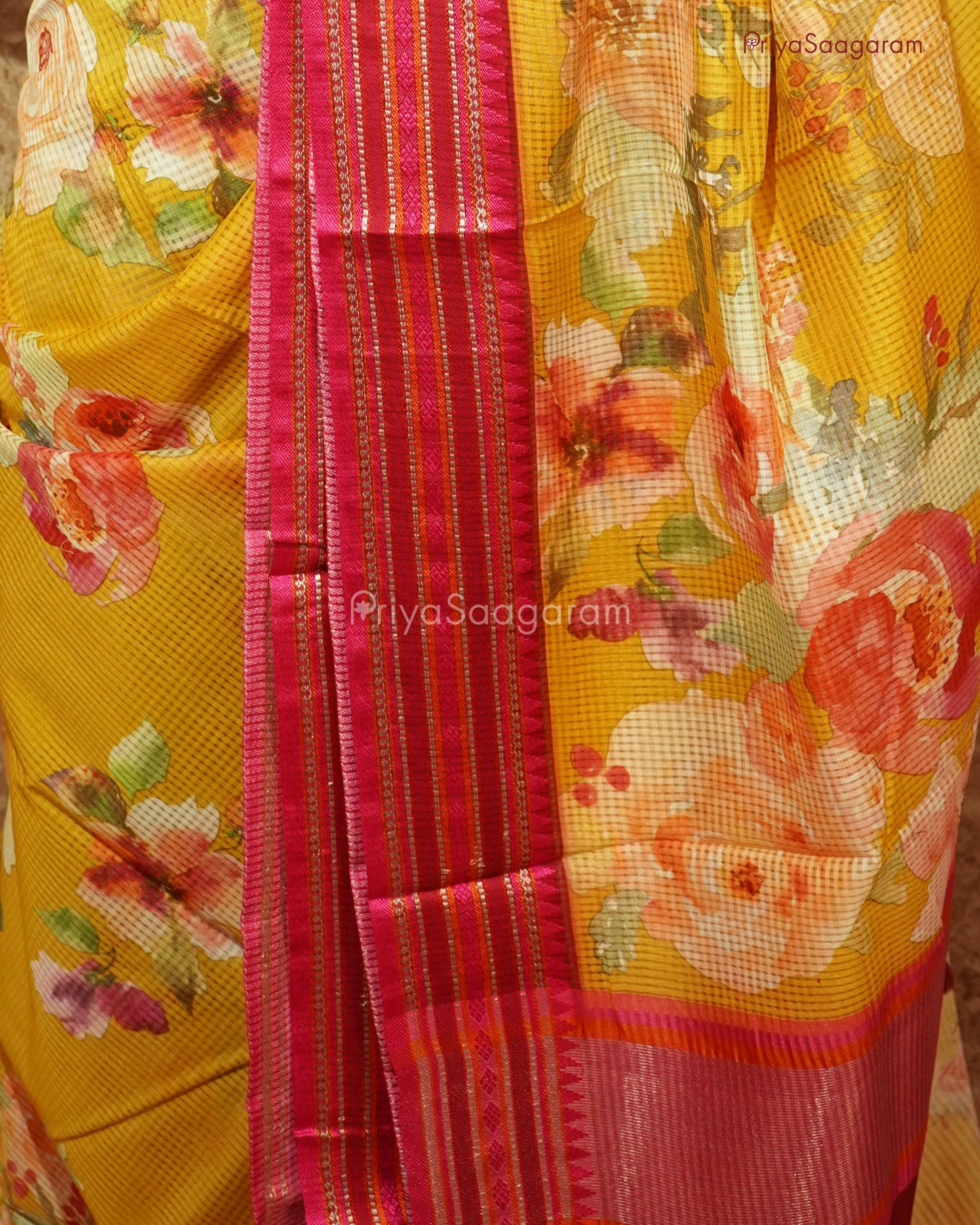 Floral Yellow Supernet Tussar  - PD882