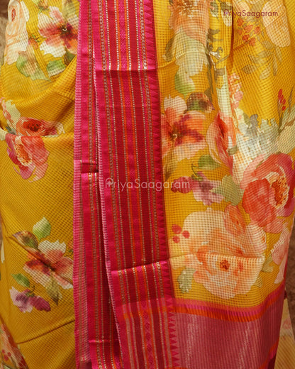 Floral Yellow Supernet Tussar  - PD882