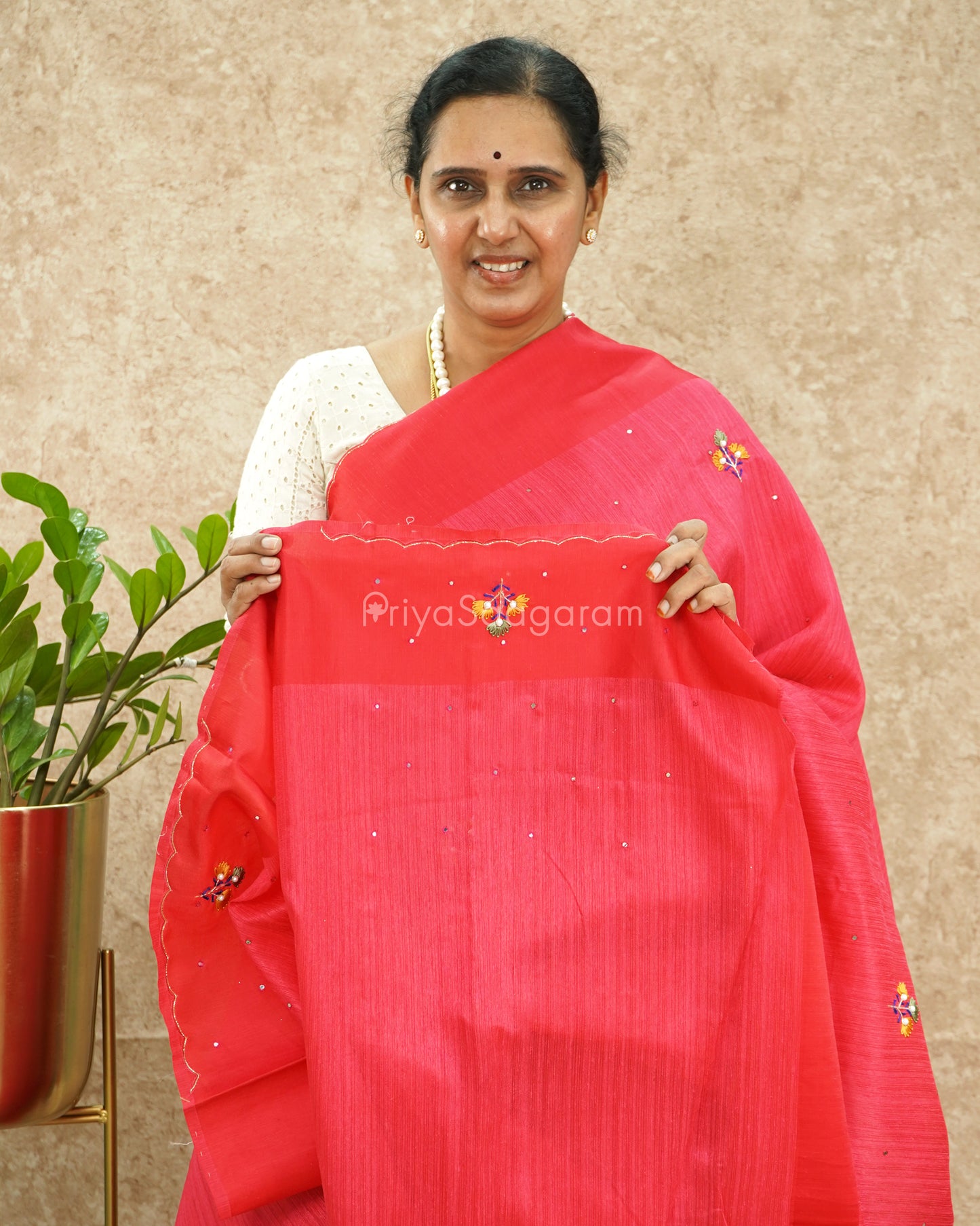 Bright Pink Embroidery Tussar - PD5016