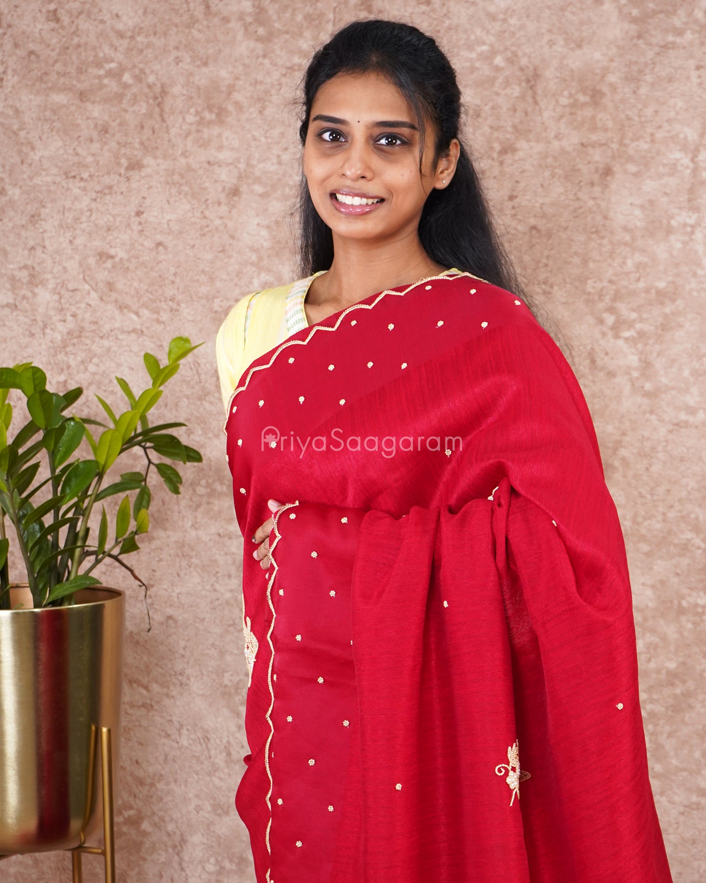 Chilli Red Stone Work Tussar - PD5018
