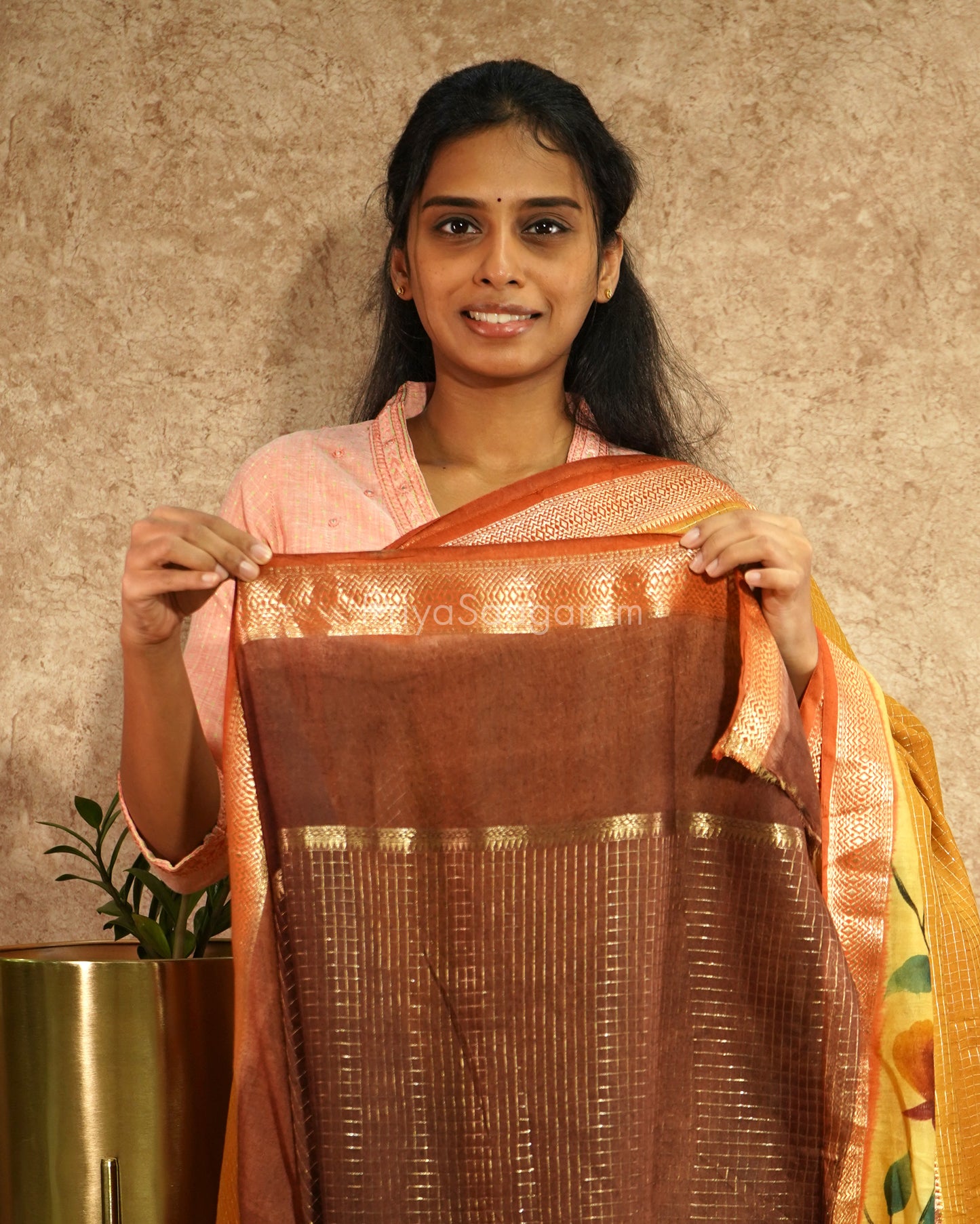 Mustard Checked Handpainted Tussar - PD630