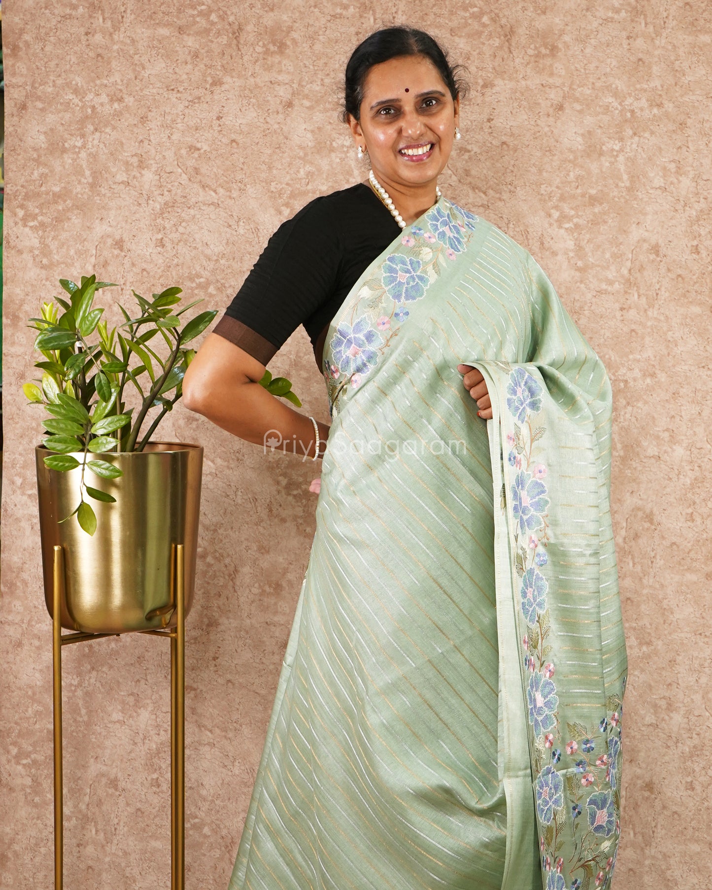 Persian Green Embroidery Tussar - PD5549