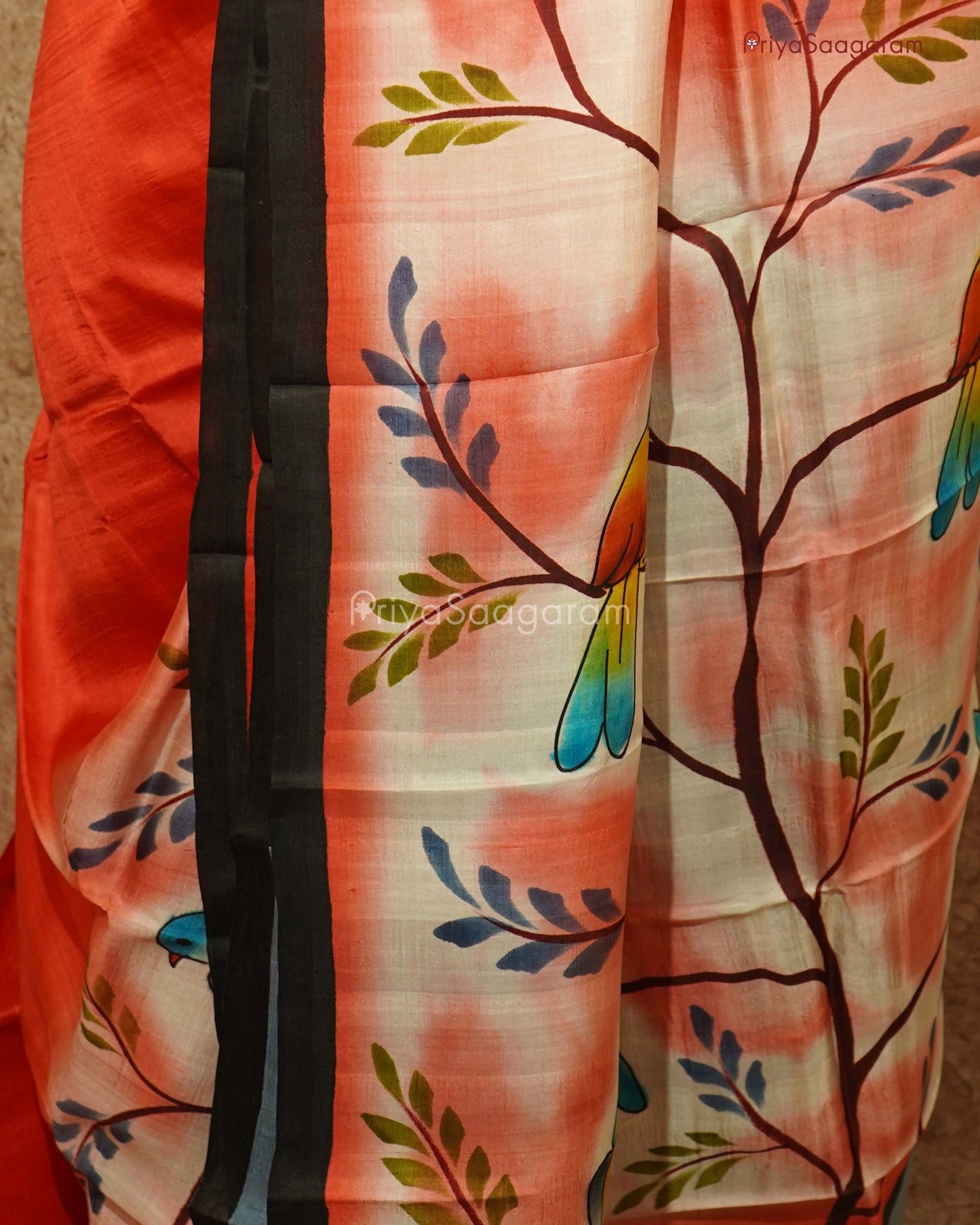 Red Bird Handpainted Murshidabad Tussar - PD587