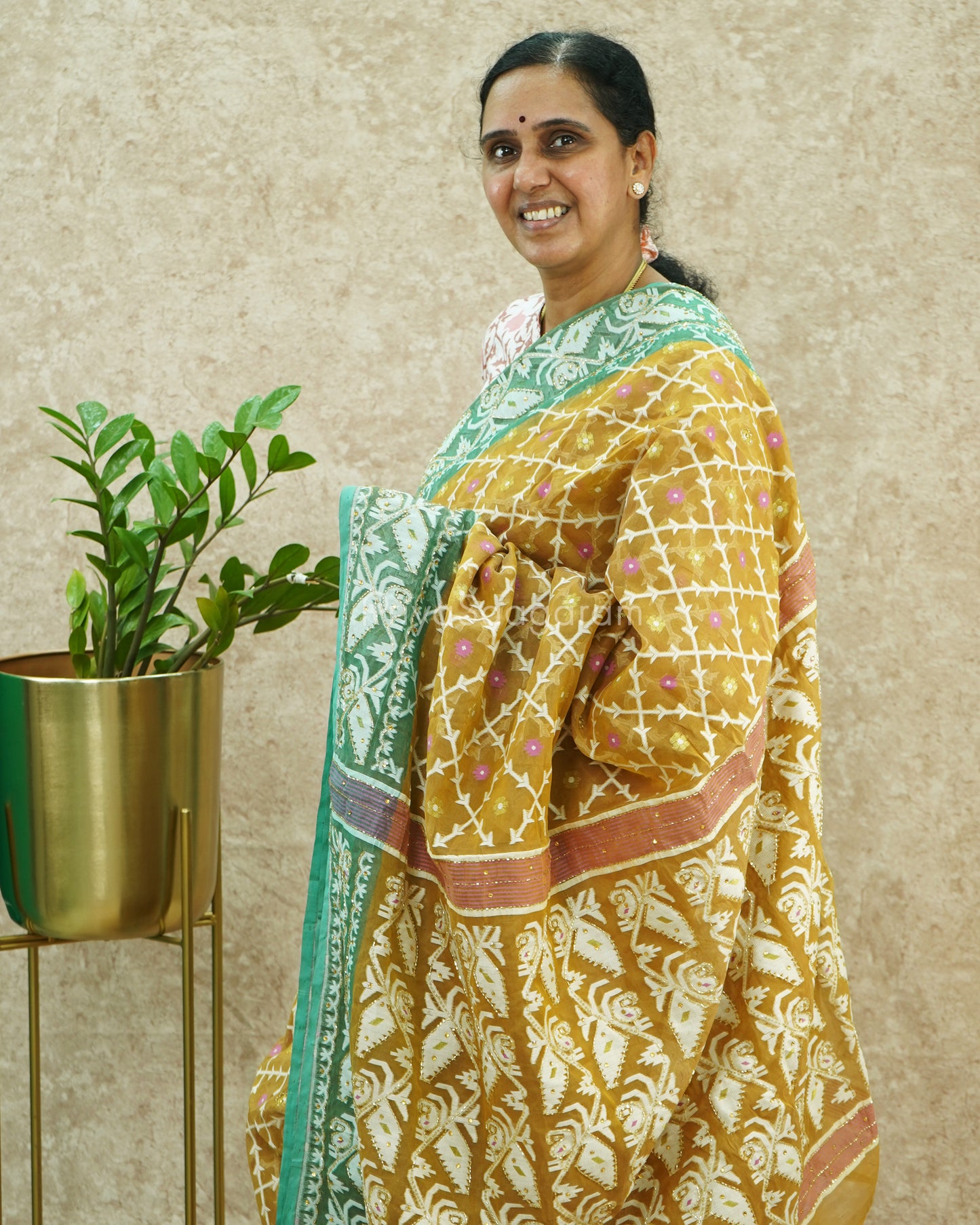 Mustard Blue Work Dhaka Cotton (No Blouse) - PE394
