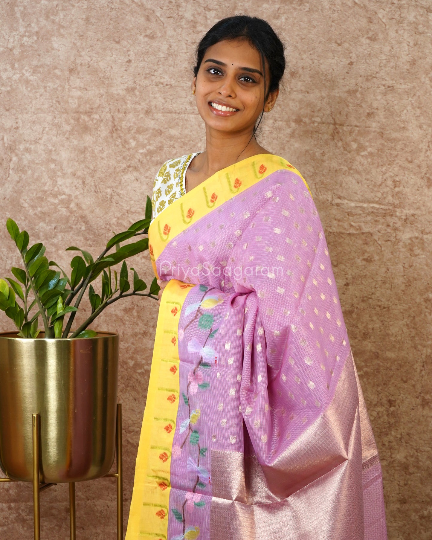 Lavender and Yellow Paithani Silk Kota - PD4307