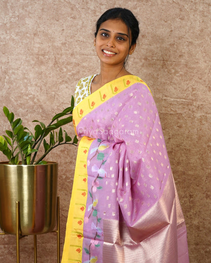 Lavender and Yellow Paithani Silk Kota - PD4307