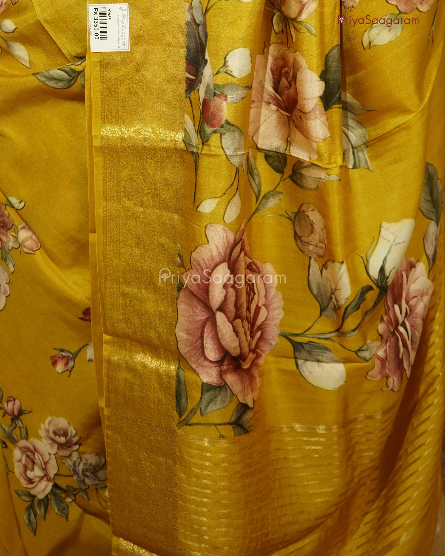 Mustard Yellow Floral Chiniya Silk - PD988