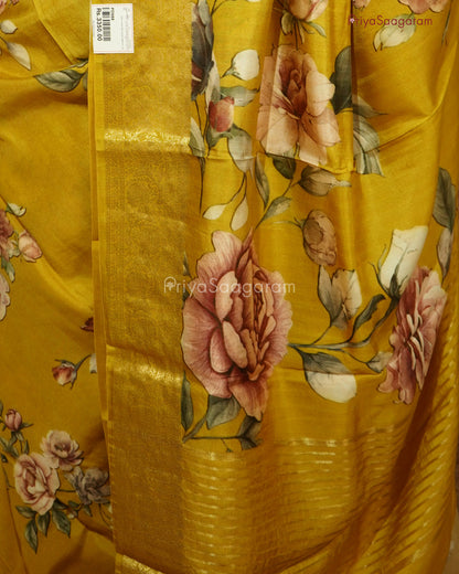 Mustard Yellow Floral Chiniya Silk - PD988