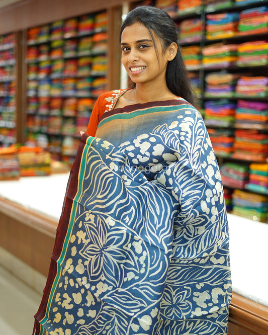 Blue Cream Handpainted Murshidabad Tussar - PD591