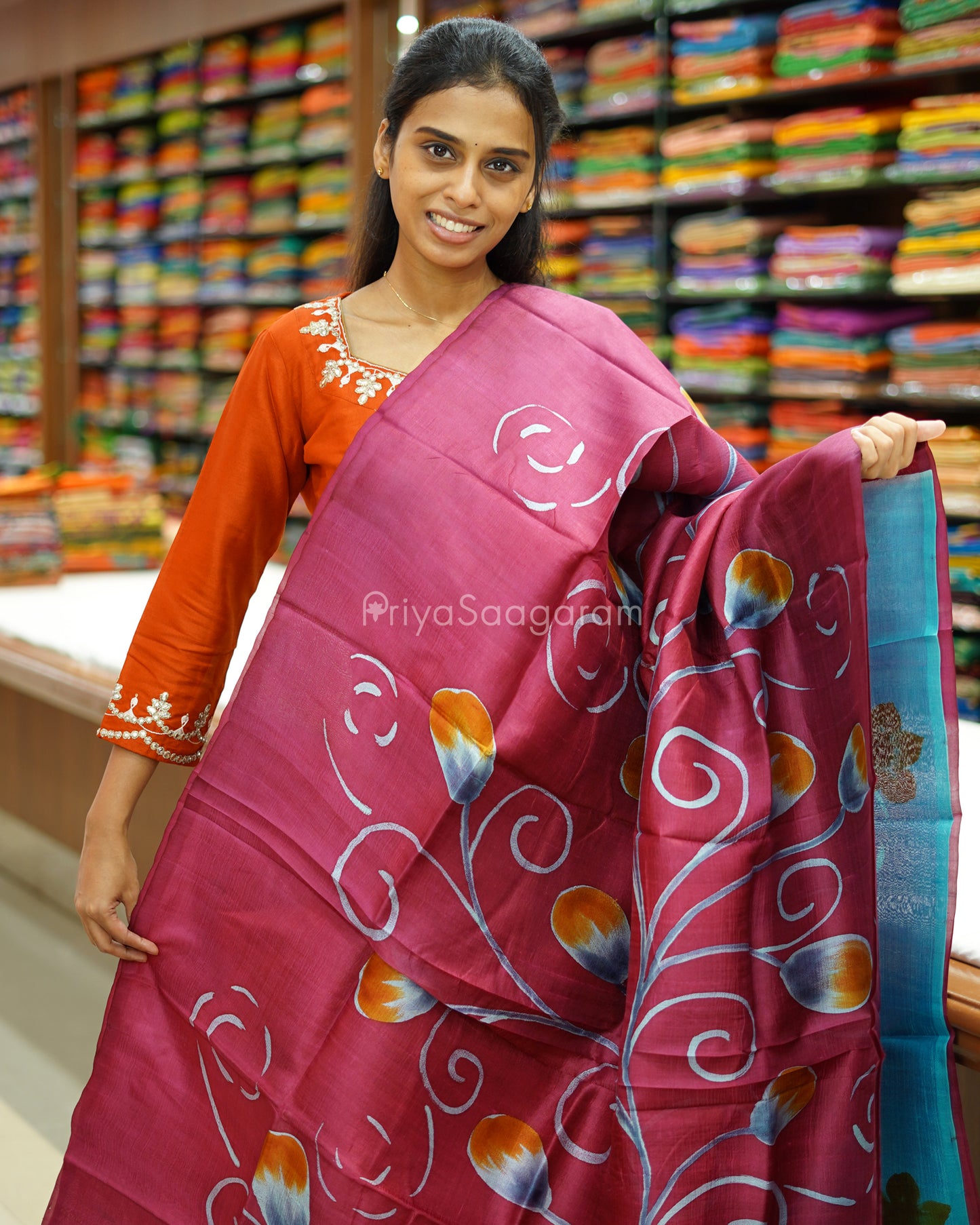 Maroon Blue Handpainted Murshidabad Tussar - PD582
