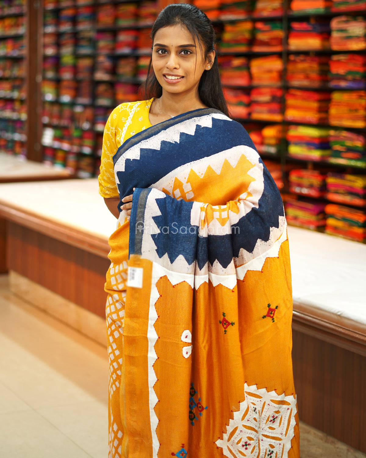 Yellow Blue Abstract Applique Chanderi - PE68