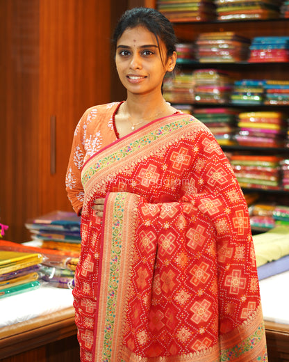 Red Minakari Bandhani Banaras Crepe Silk - PE343