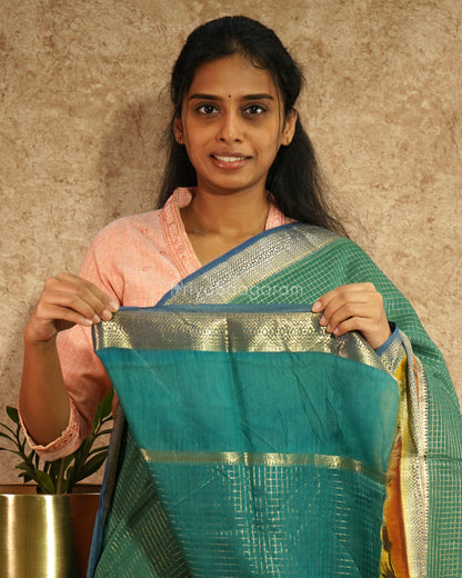 Green Checked Handpainted Tussar - PD622