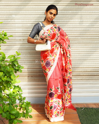 Red Handpainted Murshidabad Tussar - PD598
