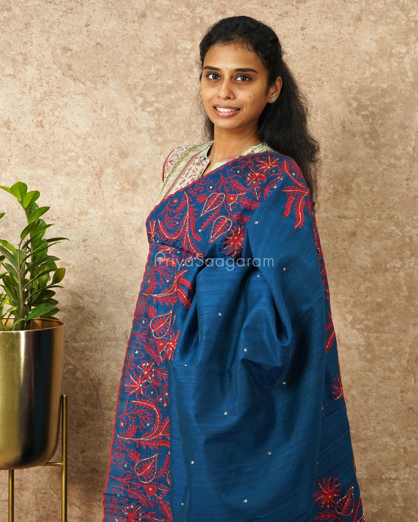 Blue with Red Embroidery Tussar - PD4633