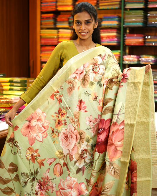 Pistachio Green Floral Chiniya Silk - PD987