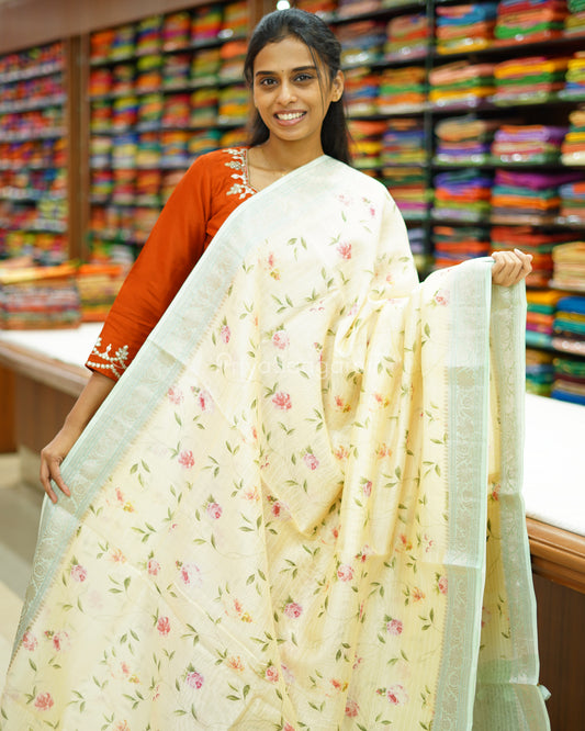 Creamy Yellow Floral Silk Cotton - PD864