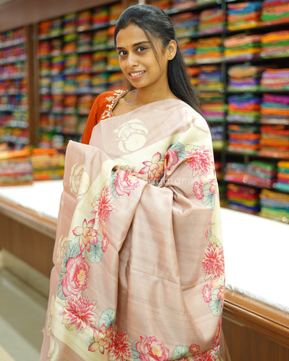 Nude Pink Floral Aari Work Tussar - PD802