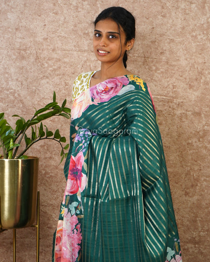 Dark Green Floral Tussar - PD1971