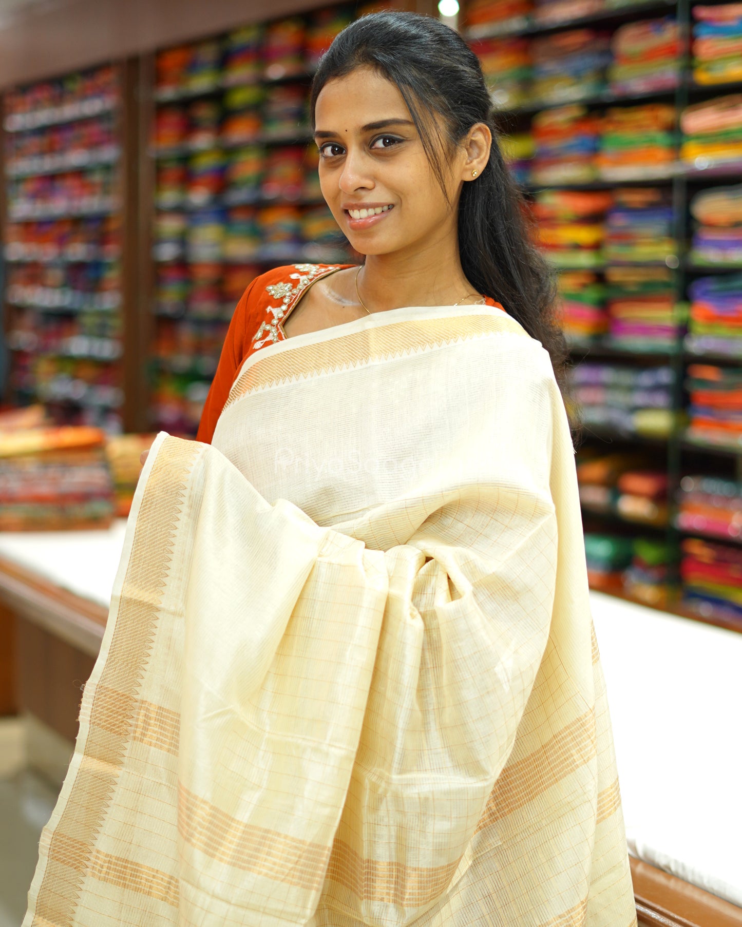 Cream Checked Mangalagiri Silk Cotton - N4324