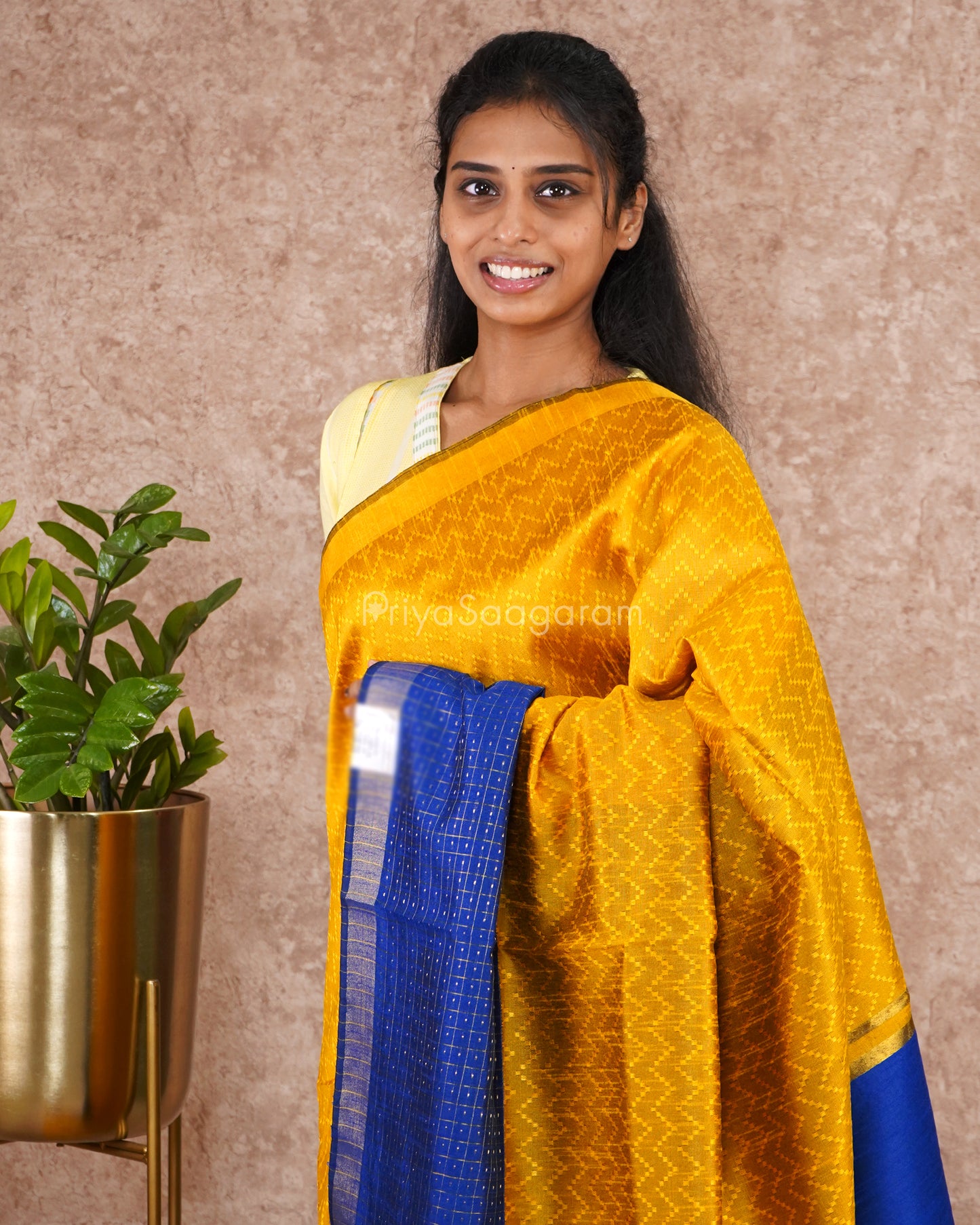 Bright Yellow Blue Dupion Tussar - PD5572
