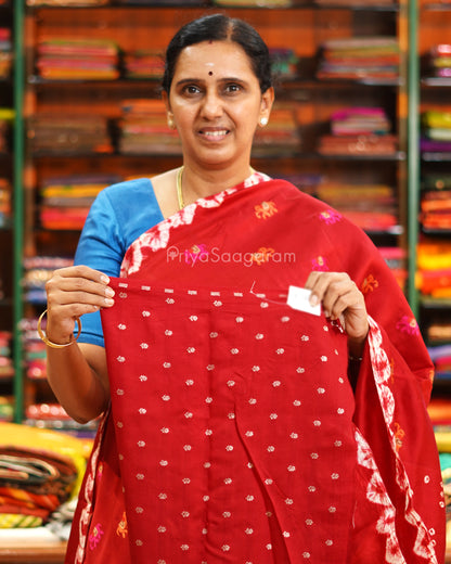 Red Embroidery Bandhani Raw Mango Silk - PE6490