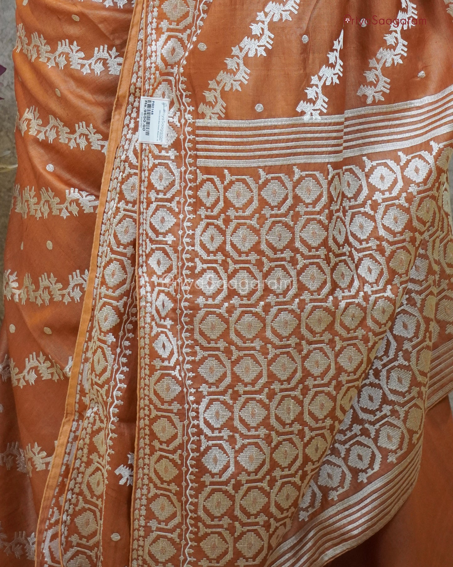 Warm Orange Embroidery Tussar - PB2148
