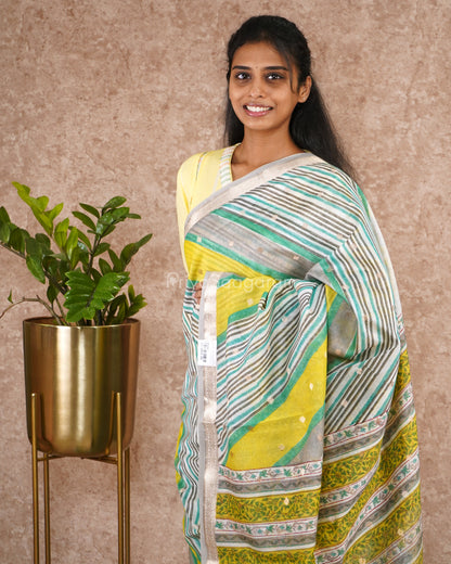Blue Green Handpainted Chanderi Cotton - PD4907