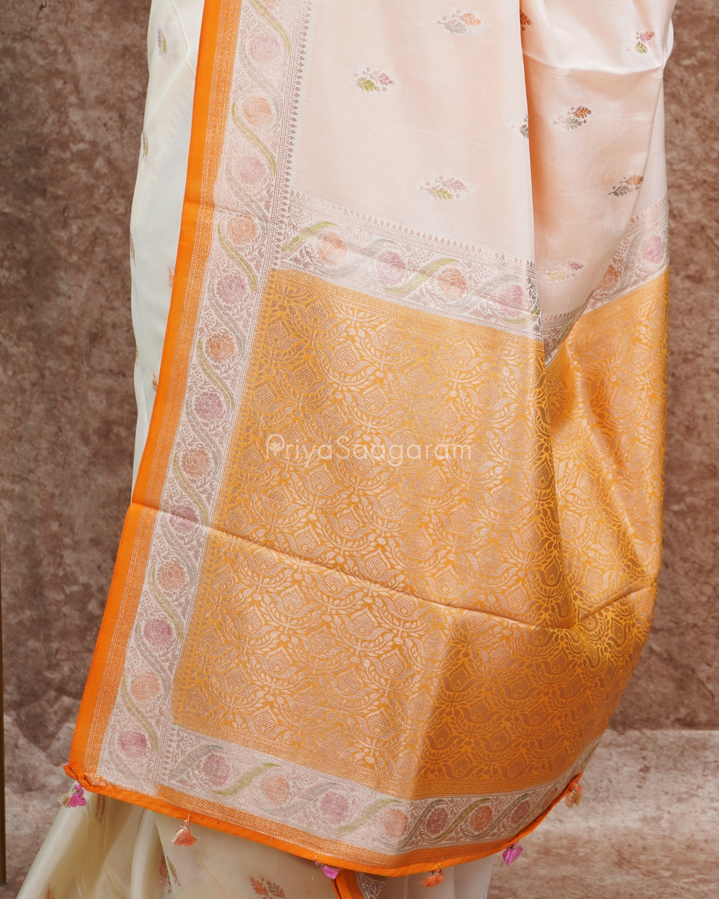 Cream Orange Minakari Chinya Silk - PD4637