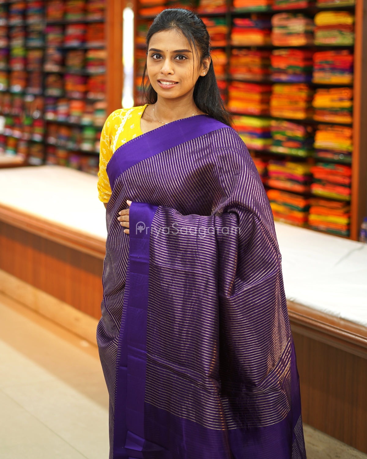 Dark Purple Satin Border Striped Tussar - PE2783