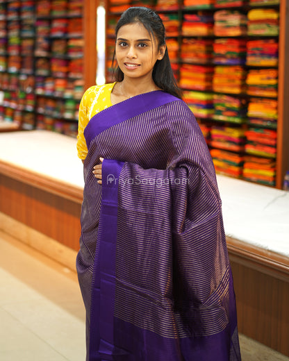 Dark Purple Satin Border Striped Tussar - PE2783