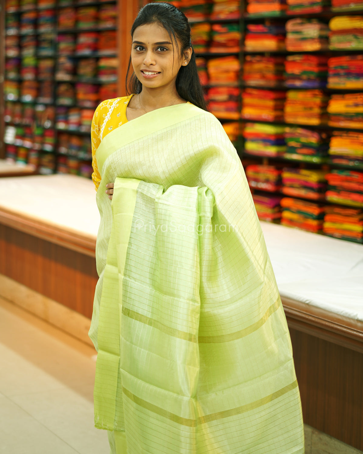 Green Satin Border Checked Tussar - PE2784