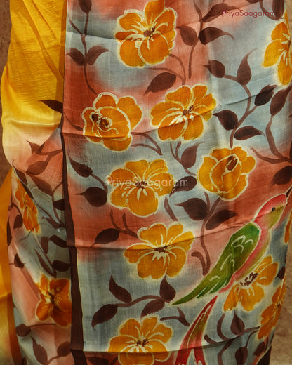Yellow Floral Handpainted Murshidabad Tussar - PD593