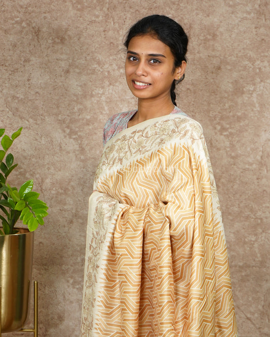 Yellow Geometric Floral Tussar - PD4448