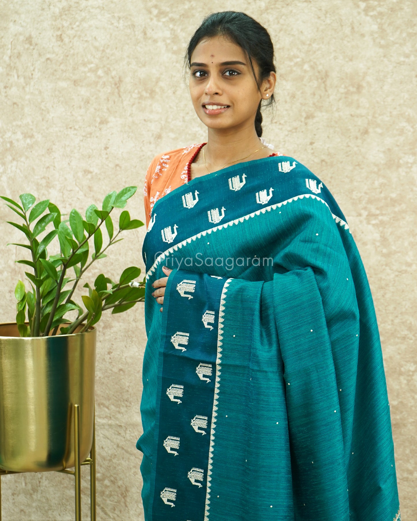 Peacock Blue Pitta Work Tussar - PE448
