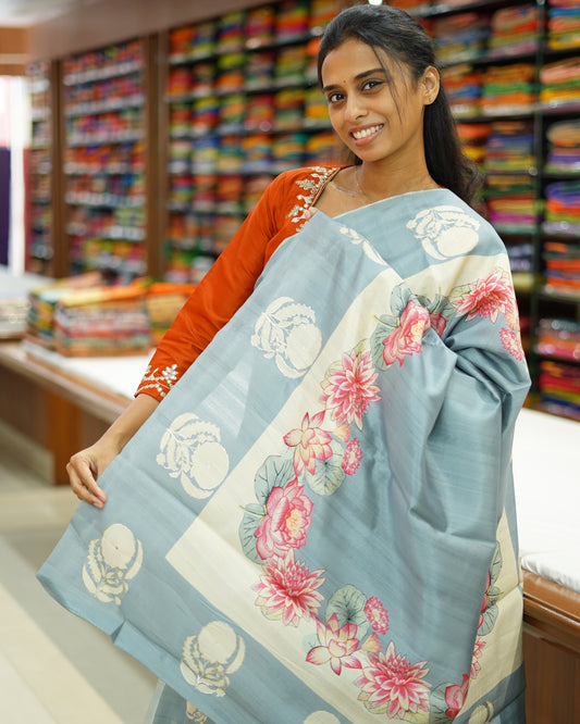 Sky Blue Floral Aari Work Tussar - PD806