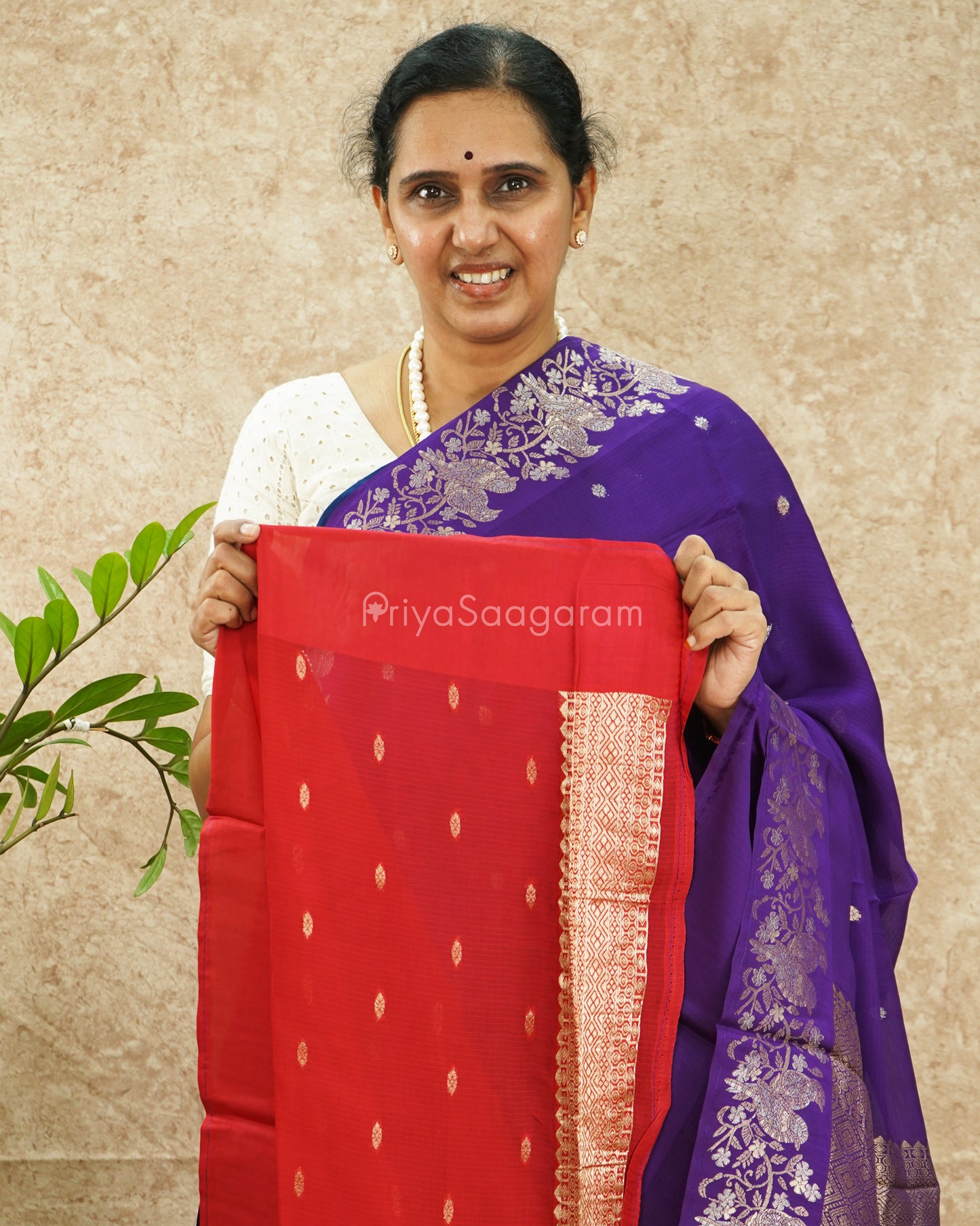 Violet Red Zari Crepe Silk - PE149