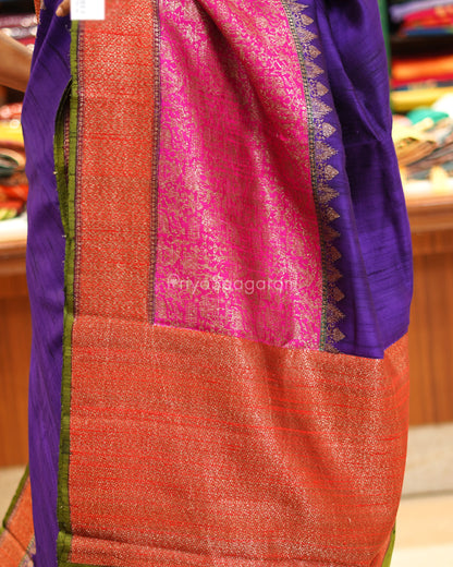 Violet Multi Colour Border Matka Silk - PE5804