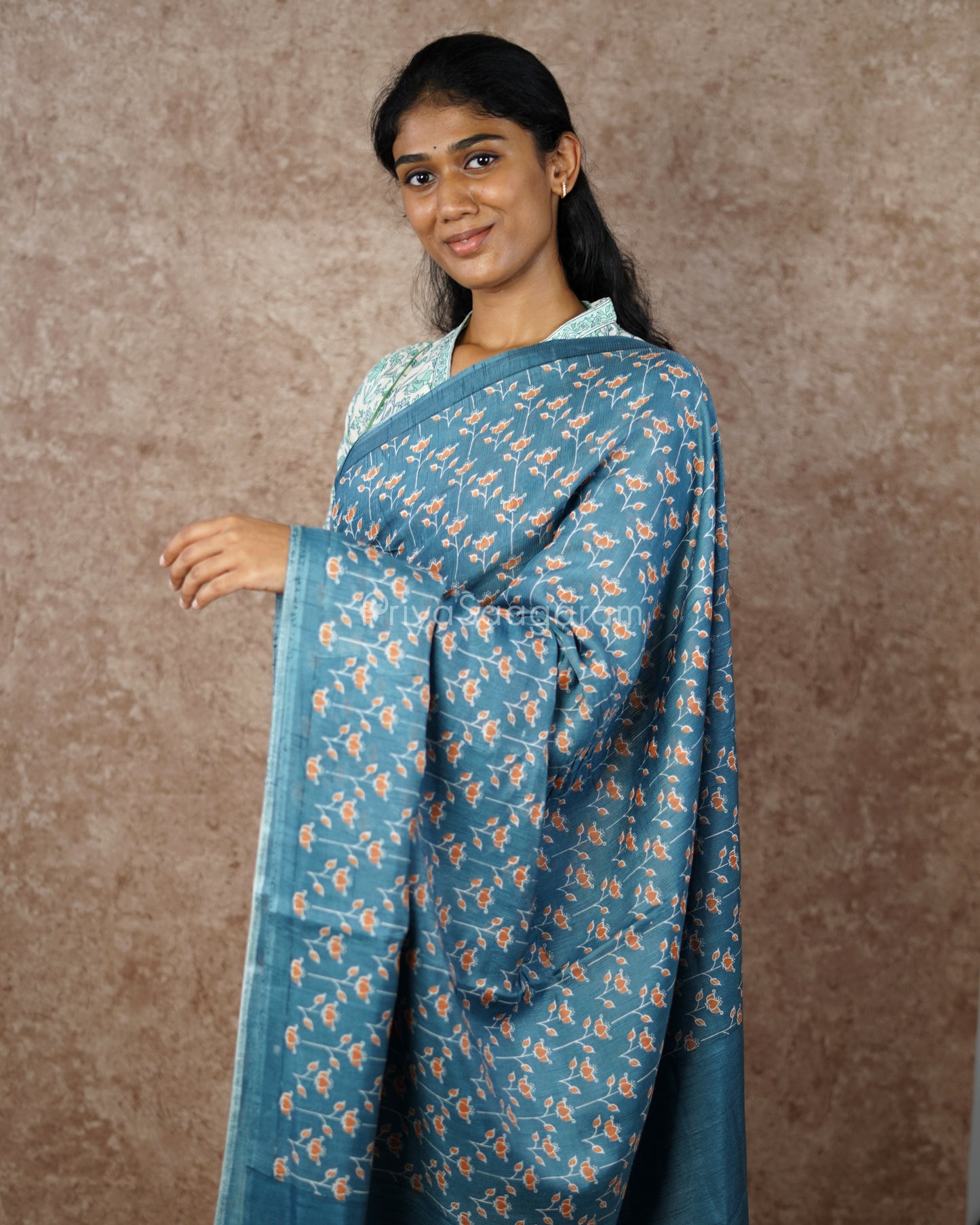 Floral Printed Blue Chanderi - PD572