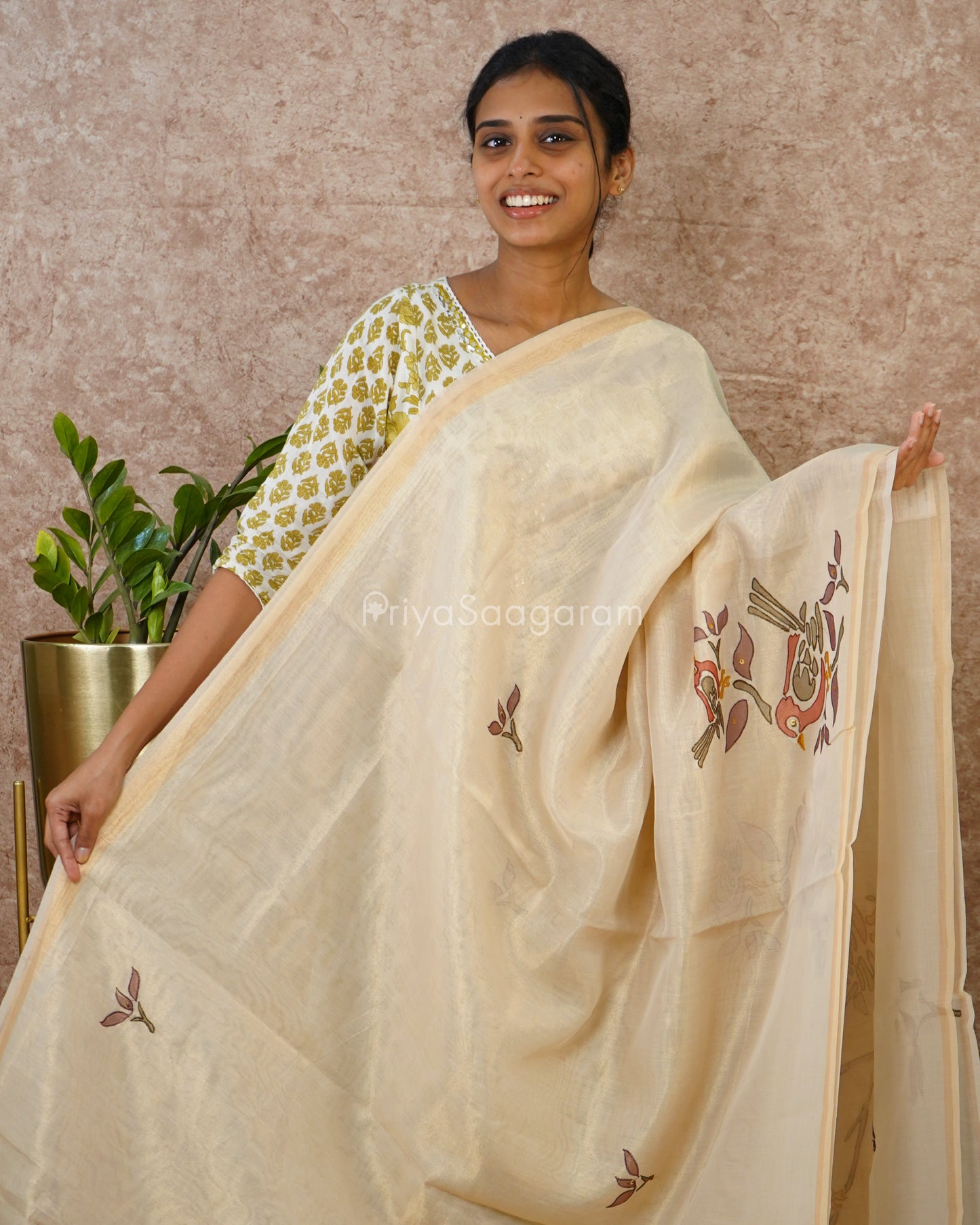 Cream Gold Embroidery Tissue Silk - PD3879