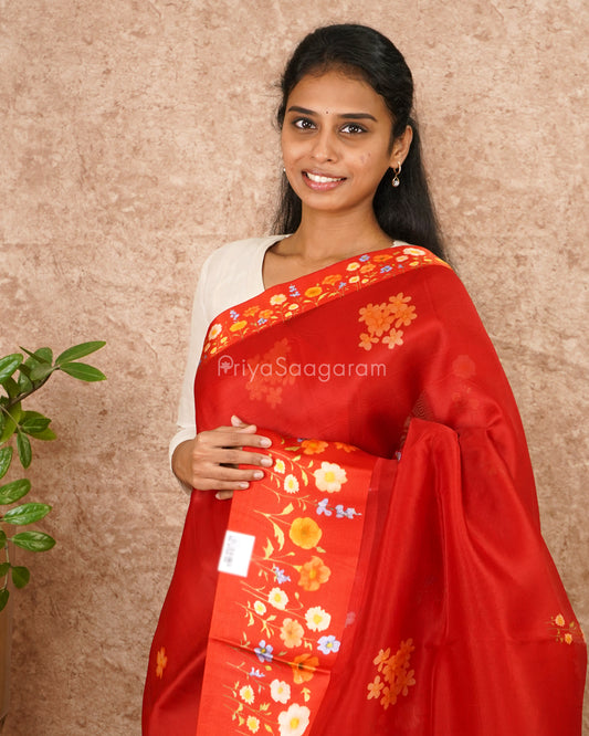 Red Floral Satin Border Kora Silk - PD4551